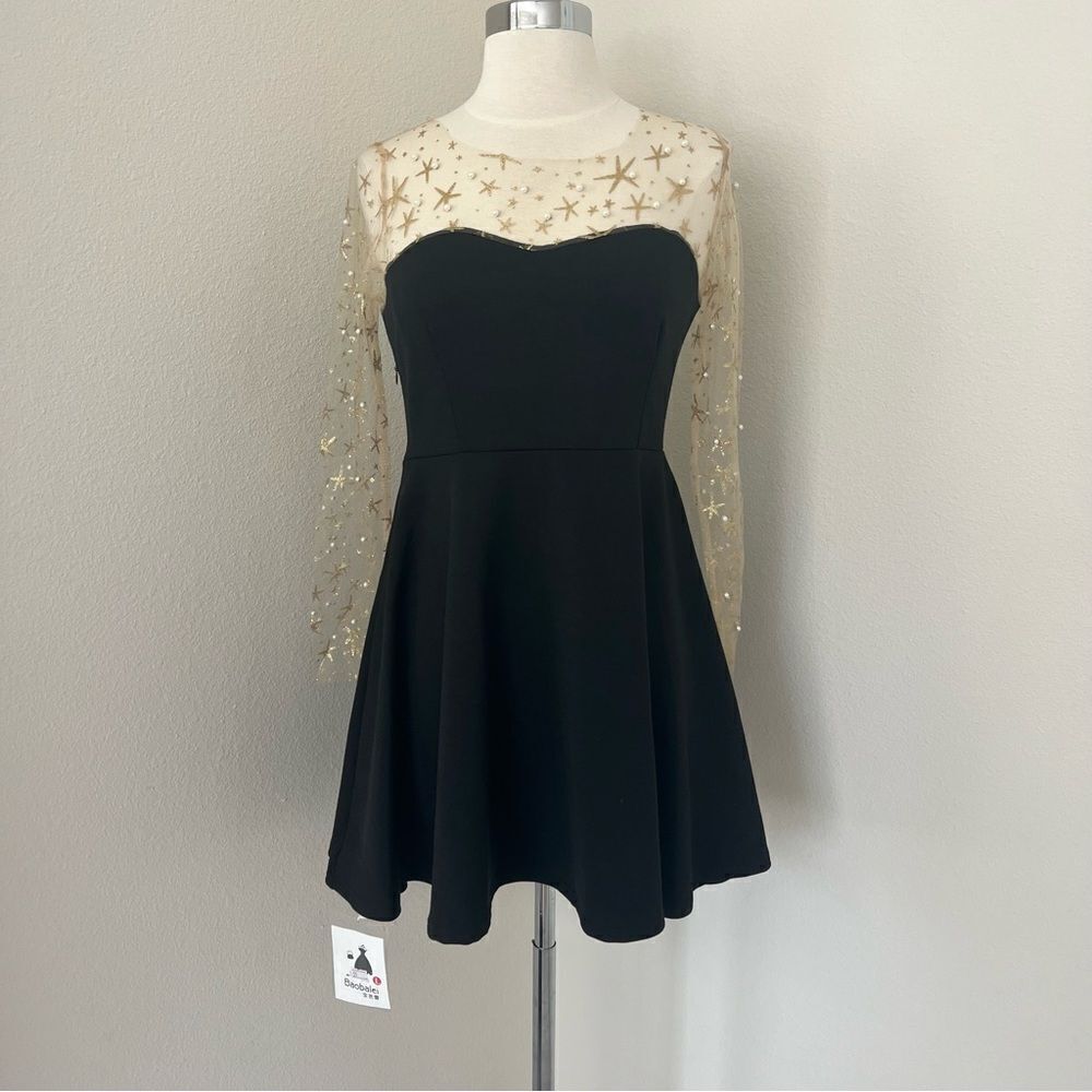 Black dress with gold sheer top long sleeves L